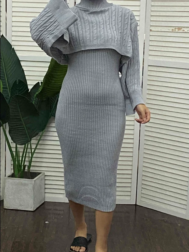 Women\'s Sweater Dress Set Autumn Winter New 2023 Solid Turtleneck Ribbed Sweater & Knitted Strap Dress Sets Matching Outfit