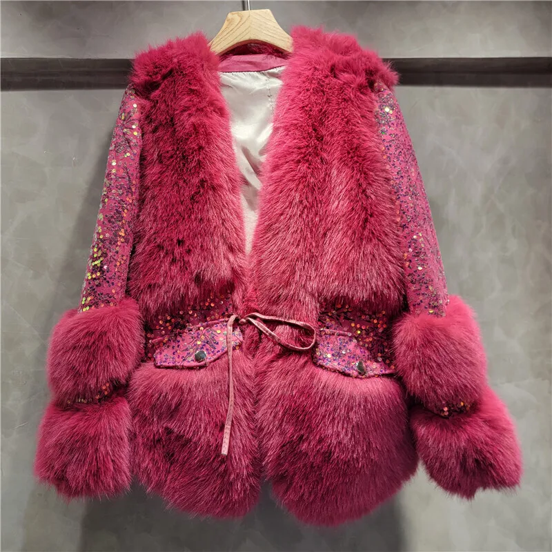 DEAT Women's Faux Fur Coat Lace-up Solid Color Thick Luxury Sequins Spliced Eco-friendly Fur Jacket 2025 Spring New Fashion