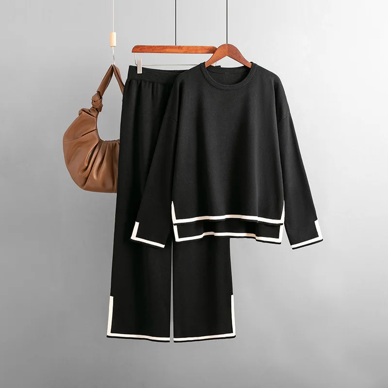 Conjunto de dos piezas de punto para mujer, ropa de dormir holgada de manga larga, pantalones acampanados, trajes informales para el hogar, color