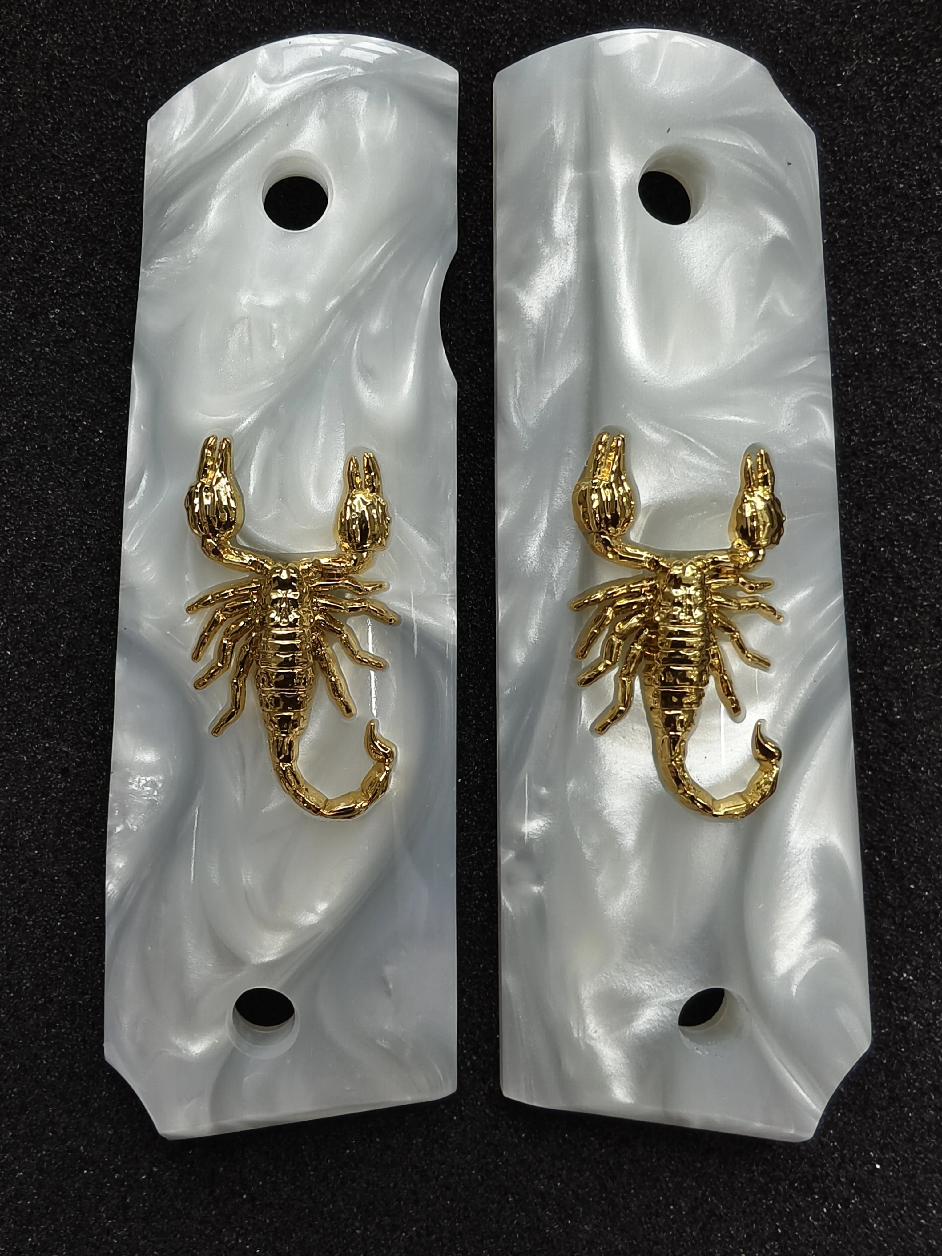 1911 Grips Full Size,White pearl with Gold Scorpion ,Fits Colt,Kimber,Springfield,Remington,Rock Island,Government Commander