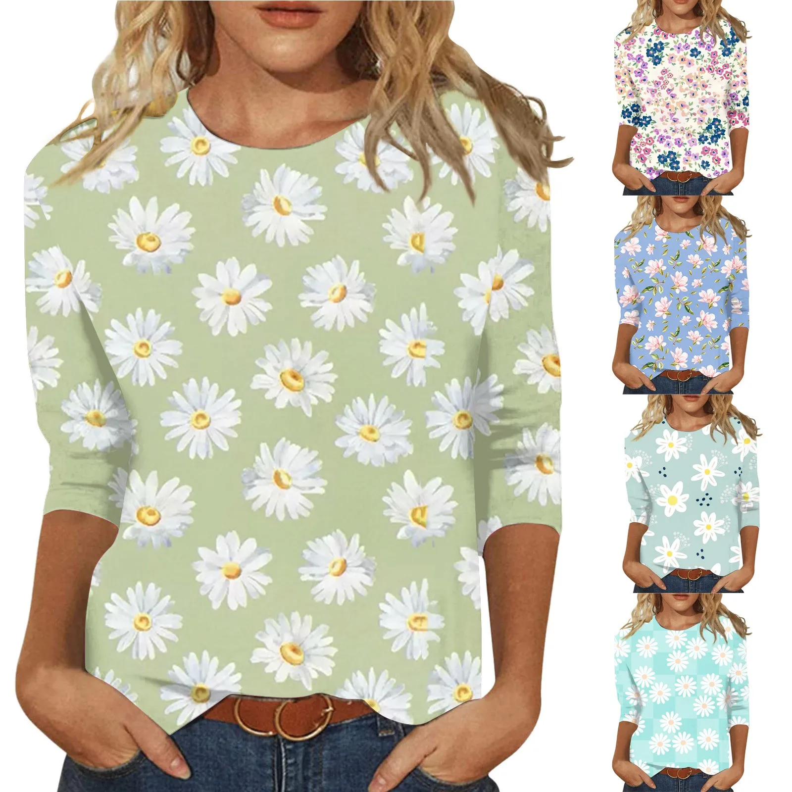 Floral Print Women T Shirt Fashion 3/4 Sleeve Shirt Flower Graphic Tees Blouses Casual Basic Tops Loose Pullover Ropa Para Mujer