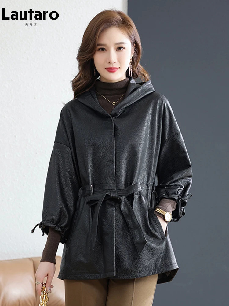 

Lautaro Spring Autumn Elegant Luxury Black Waterproof Soft Faux Leather Jackets for Women with Hood Drawstring Waist Sashes