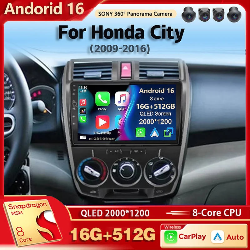 Radio Multimedia para Auto con Android 16 para Honda City 2008 2009 2010 2011 2012 2013-2016, Carplay, Estéreo para Auto, DSP, wifi+4G, Voz Ai