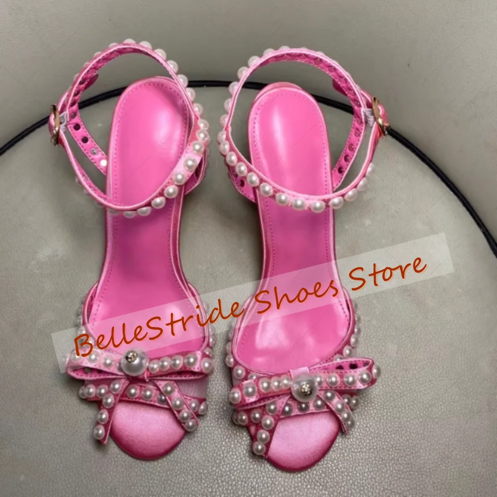 

Pink Pearl Bow knot Decor Sandals Buckle Strap Women Shoes Stilettos High Heels Party Banquet Dating 2025 Zapatos Para Mujere
