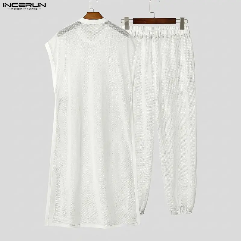 INCERUN Men Sets Mesh See Through Sleeveless Irregular Vests Pants Two Piece Sets Streetwear Sexy 2026 Fashion Men Matching Sets view 5