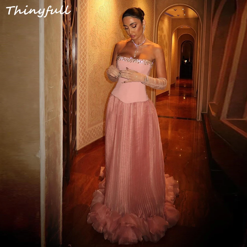 

Thinyfull A-line Satin/Organza Prom Dresses Strapless Sleeveless Crystal Evening Gown Dubai Dress robes de soirée Customized