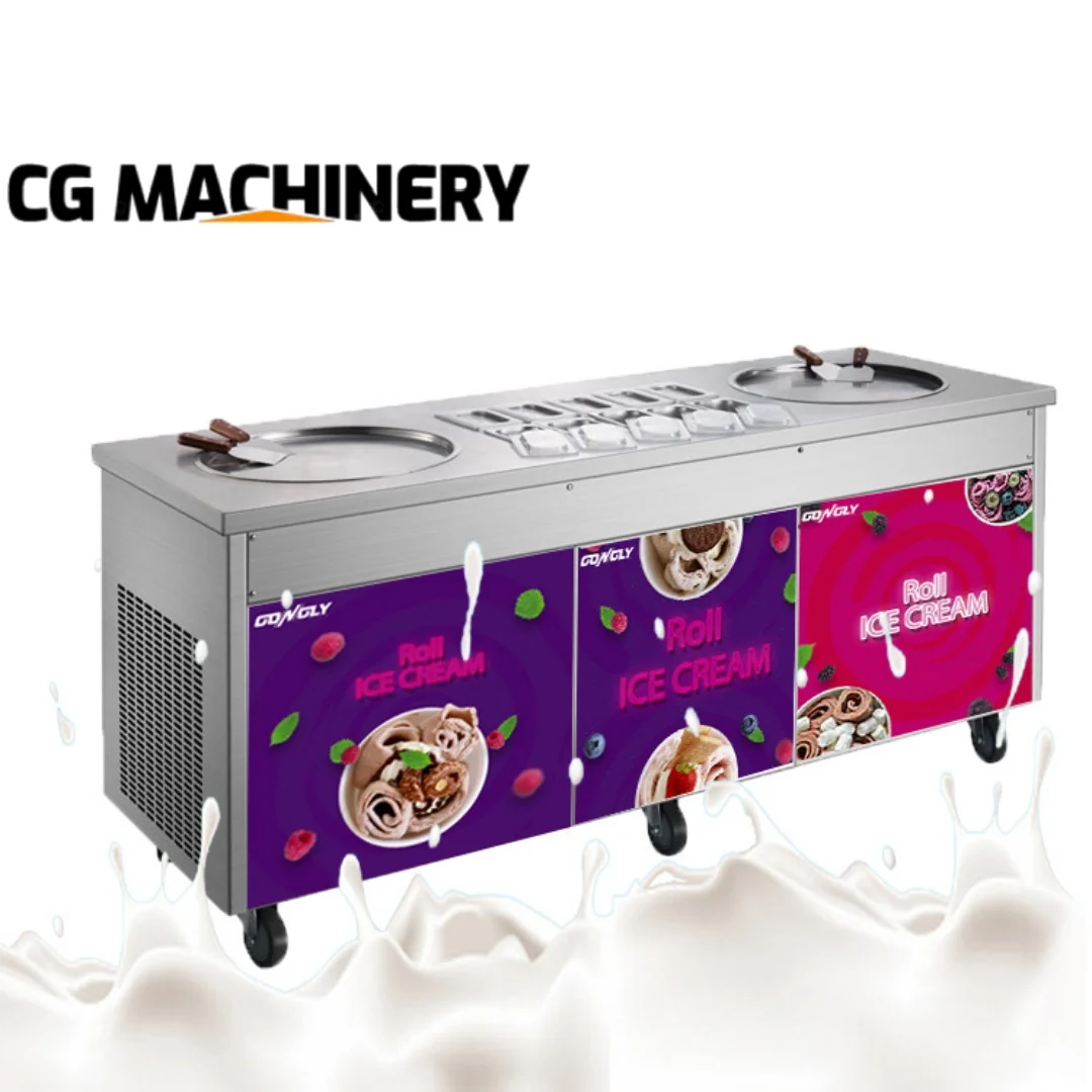 

Commercial Rolled Ice Cream Machine 2800W Double Pan Ice Cream Roll Maker with Cabinet Fried Ice Cream Roll Machine