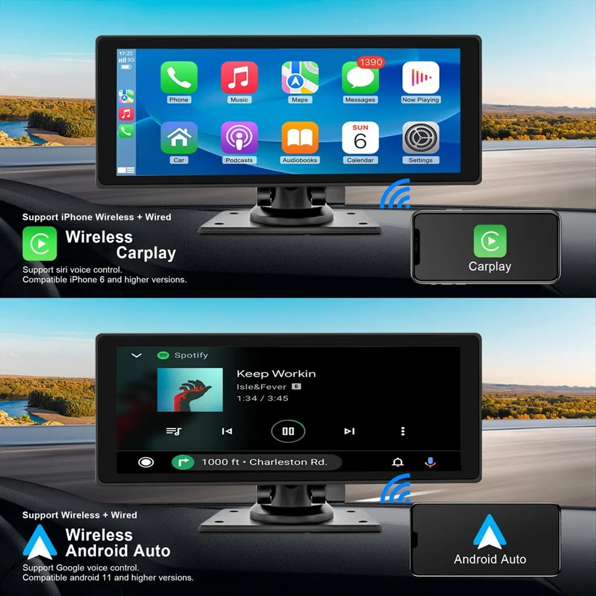 T35C Portable Wireless Carplay Car Stereo with Dash Cam - 10.26In HD IPS Screen, Android Auto, 1080P Backup Camera, Bluetooth