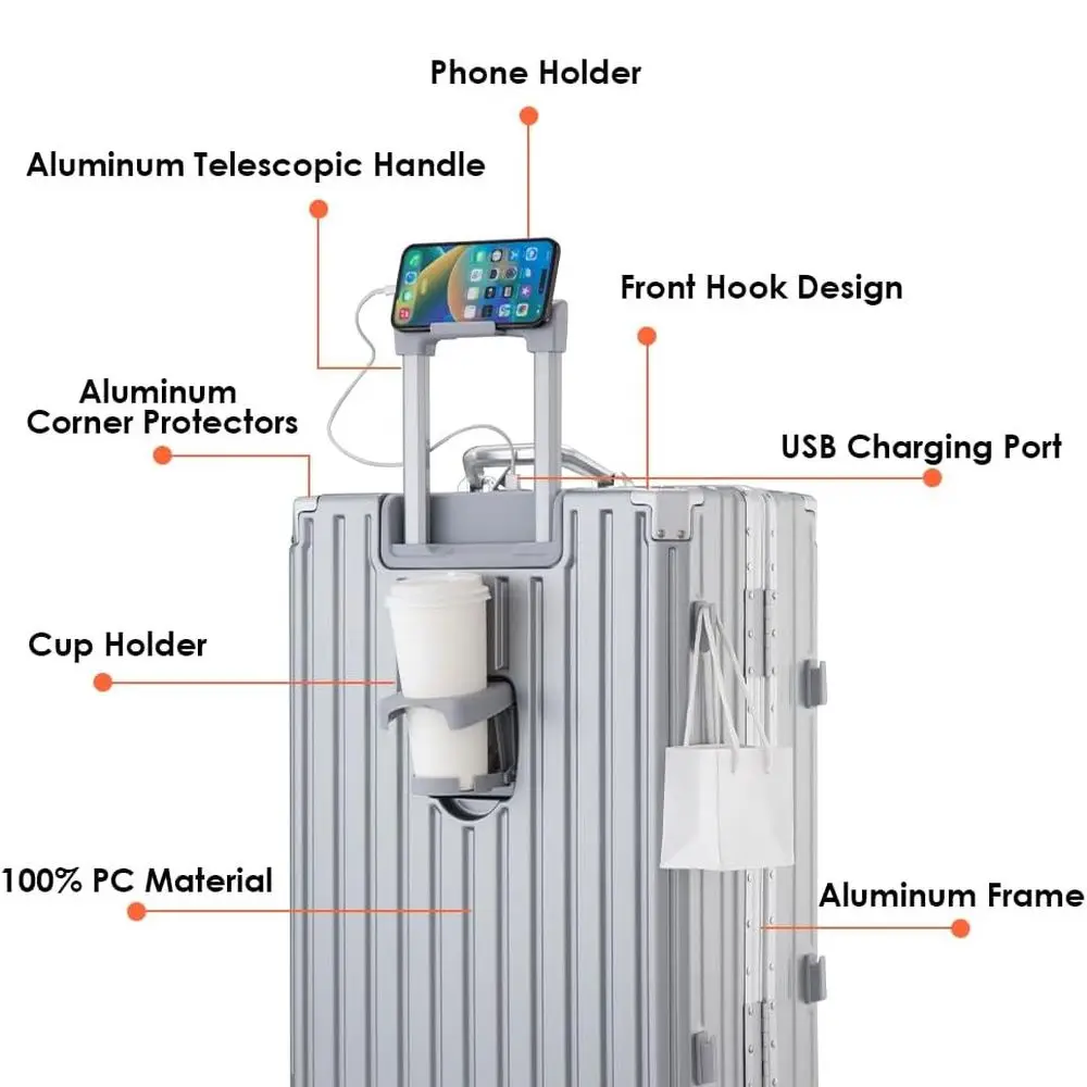Aluminum-Framed Business Suitcase with Cup Holder & USB, 24-Inch Grey Checked Hard Shell Luggage
