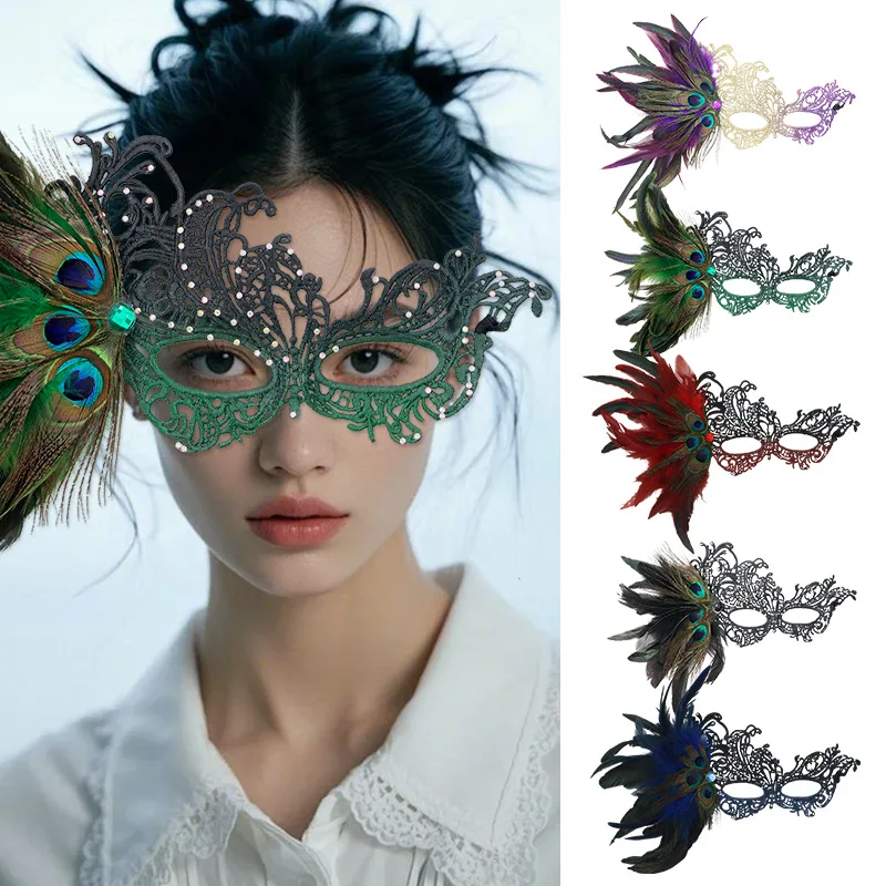 Gradient Color Feather Face Mask With Diamond Sexy Lace Eye Mask Halloween Cosplay Party Diy Masks Masquerade Headwear Props