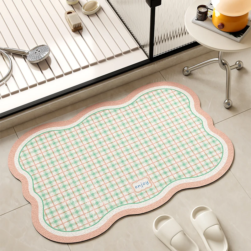 VIKAMA Dopamine Plaid Bathroom Absorbent Floor Mats Bathroom Toilet Restroom Door Foot Mats Non-Slip Carpet