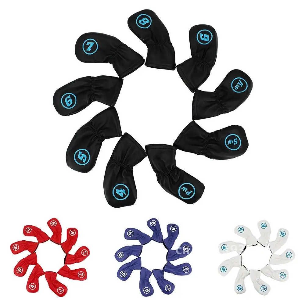 9 Pcs/Set Golf Headcovers For Iron Set Clubs Blue Red Cover Iron Color PU Black Waterproof Protector White Heads Golf