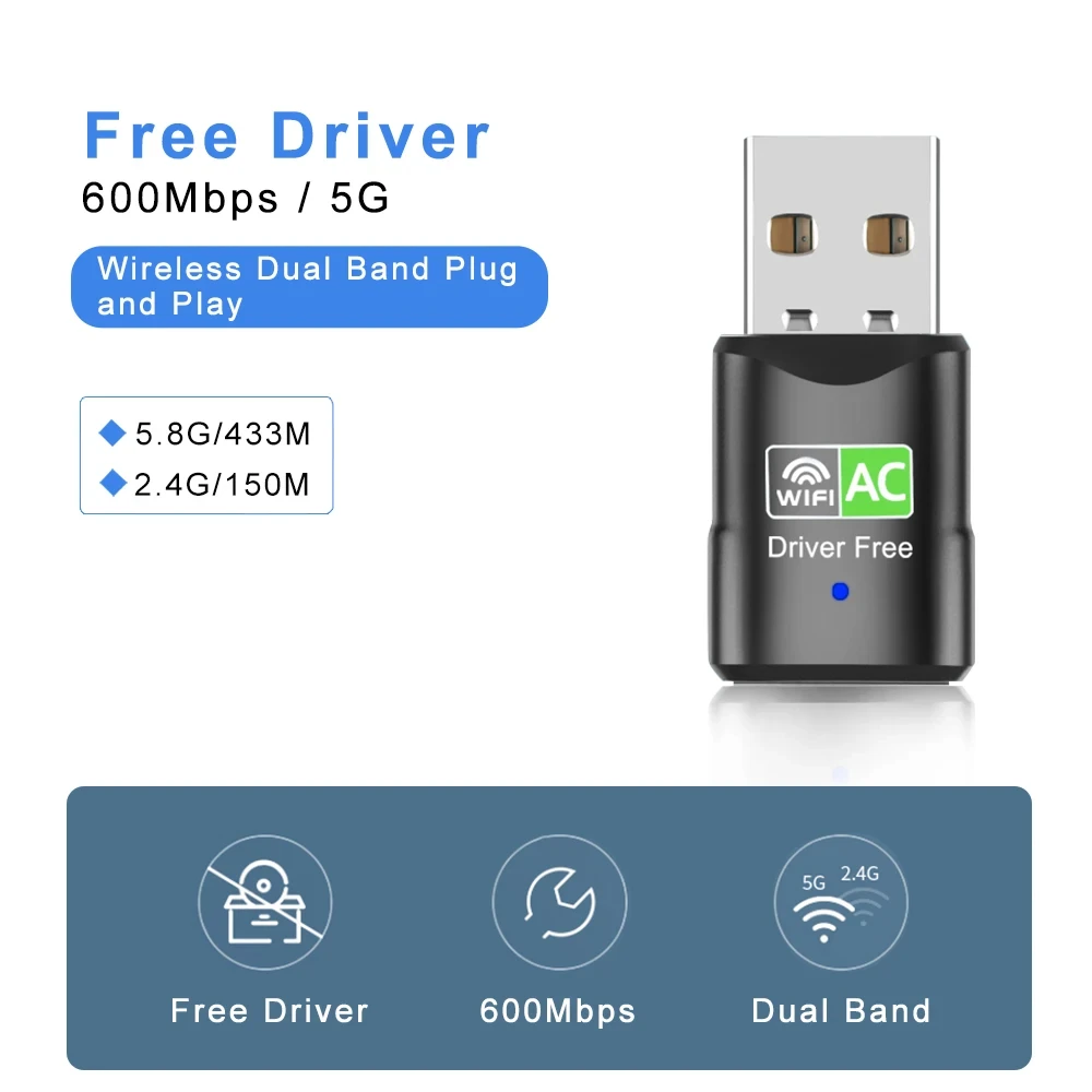 USB Wifi Adapter AC600 2.4G 5G WiFi USB Ethernet for PC Laptop Desktop Windows Linux WiFi Lan Dongle Network Card Wifi Receiver