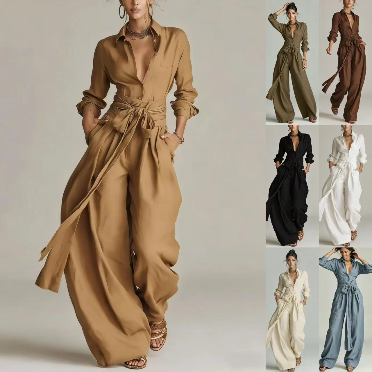 Women Casual Solid Blouse Pant Sets Loose Long Sleeve Shirts Elastic Waist Wide Leg Trousers Two Piece Set Holiday Lady Suit