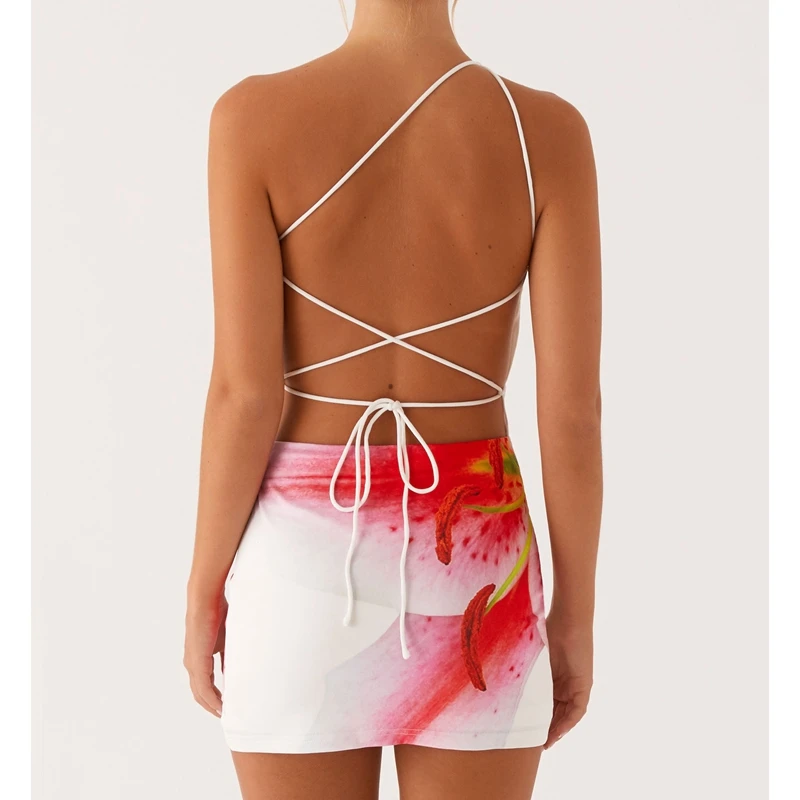 Combhasaki Women Summer Sleeveless Lace-up Bandage Backless One Shoulder Floral Tie-dye Print Bodycon Straight Short Mini Dress