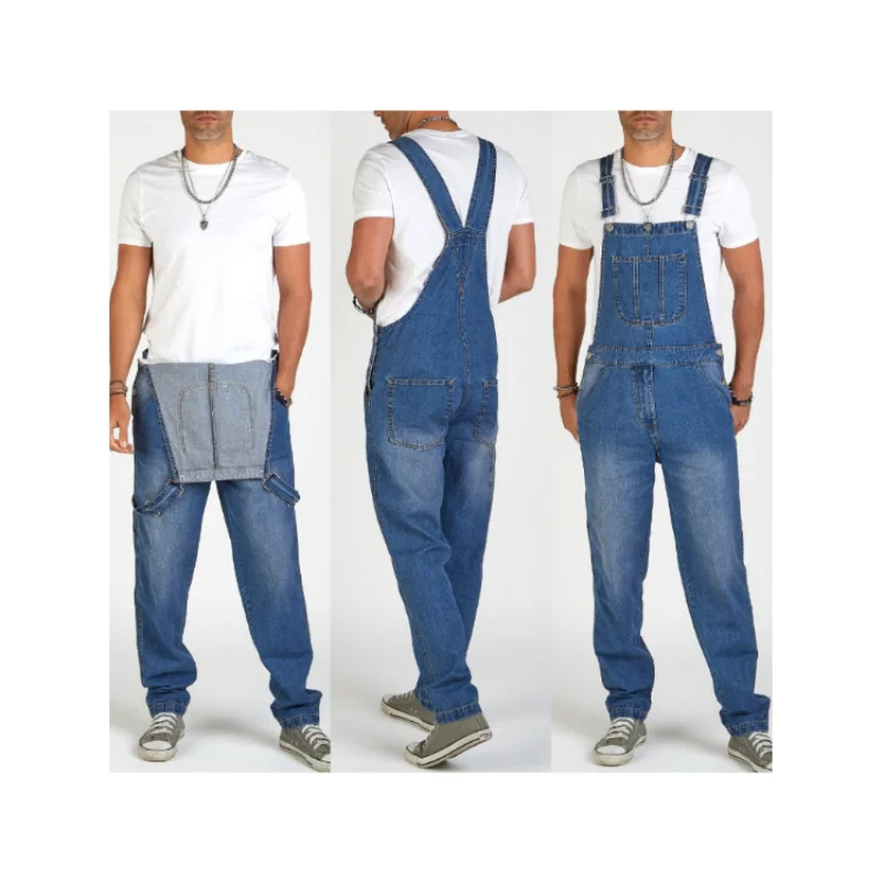 Fashion Men‘s Multi-pocket Denim Overalls Trousers Tear Tooling Denim Pants Multi-pocket Cargo Bib Jumpsuit- Blue, S-3XL