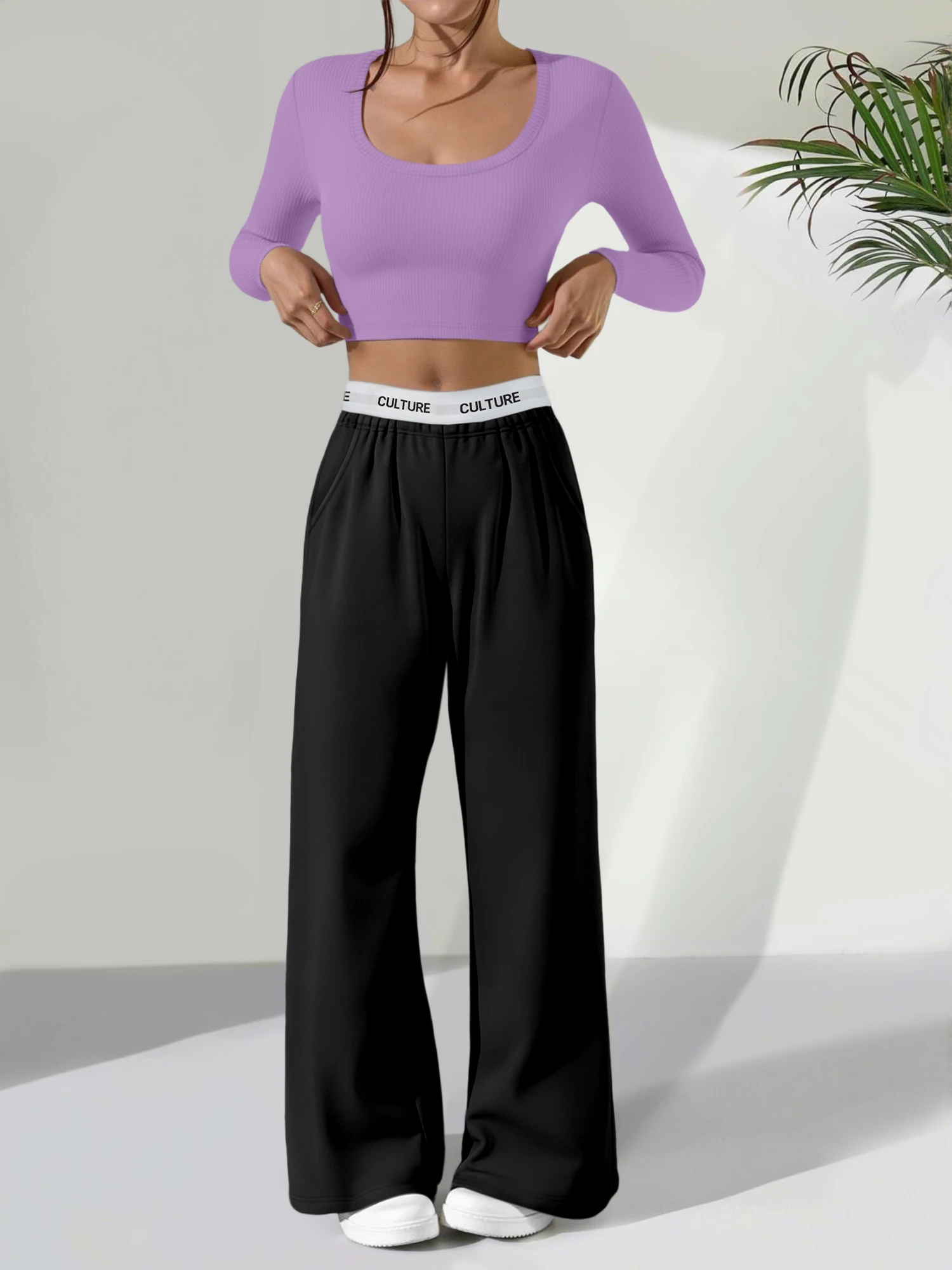 

Women's Trendy Casual Tracksuit, Ribbed Long Sleeve Crop Top & Letter Waist Wide Leg Pants Streetwear Outfit