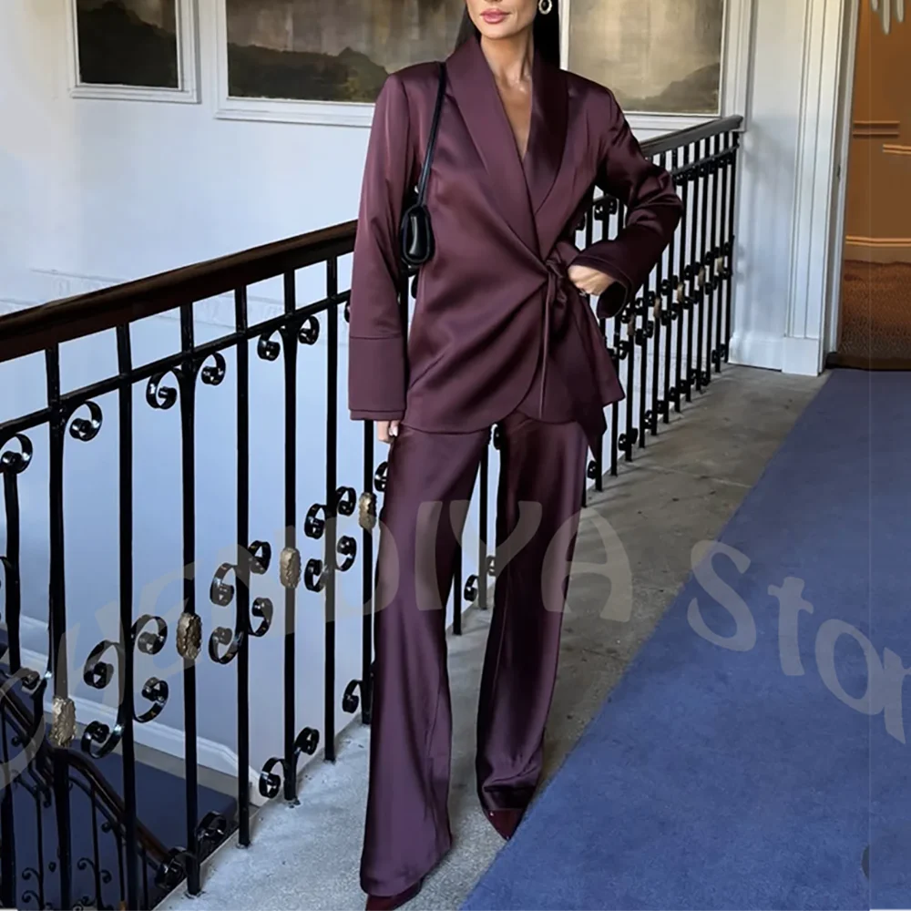 Purple Satin Women Two Piece Suit Shawl Lapel Tie Wrap Blazer Straight Leg Pants Elegant Evening Party Office Luxury Outfit Set