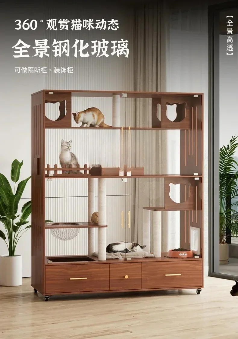 Solid wood cat villa with toilet integrated home, luxurious panoramic cabinet, high-end and oversized cat cage