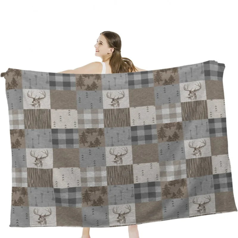 Deer Patchwork - Rustic Neutrals Throw Blanket Soft Velvet Blanket Camping Bedding Blanket Cold Cinema or Travel