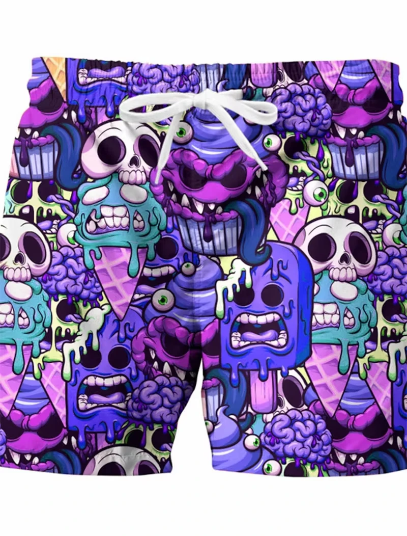 Pantalones cortos divertidos de diseño gráfico 3D con calavera de helado para hombre y mujer, traje de baño transpirable de secado rápido, pantalones para vacaciones, bañadores de hielo para playa hawaiana
