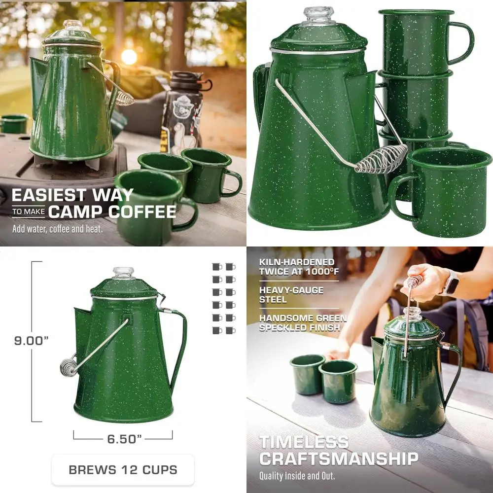 

Кофеварка-перколятор в винтажном стиле с зеленой эмалью на 12 чашек и набором из 4 кружек