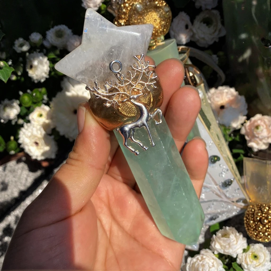 Unidad de una pieza, estrella de cuarzo transparente Natural, fluorita verde, semipreciosa, 7 chakras, varitas mágicas de bruja de cristal, palo de Reiki para decoración