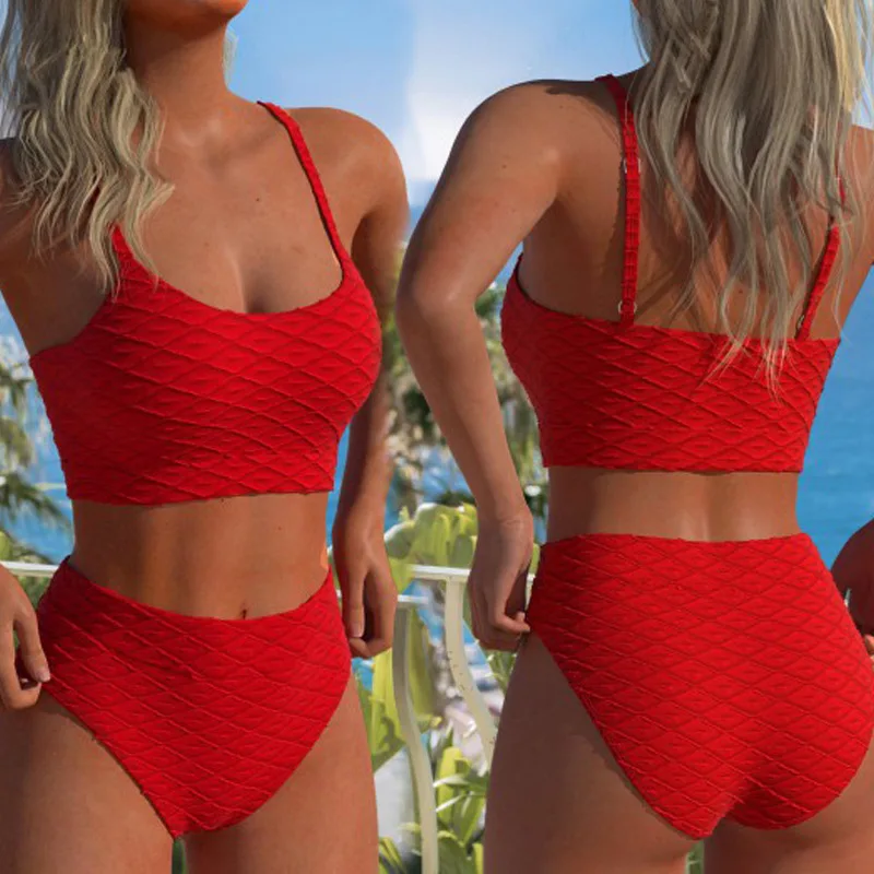 

Solid color fashion outdoor sports sexy high waist hip beachwear red bikini split swimsuit 2025 new