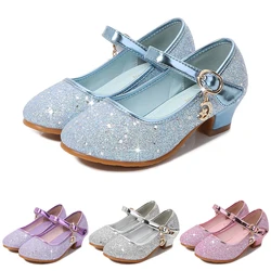 Zapatos de tacón alto para niña, calzado de princesa, Cosplay de Halloween, Sofía brillante, Cenicienta, Aurora, Rapunzel, fiesta de vestir, cuero