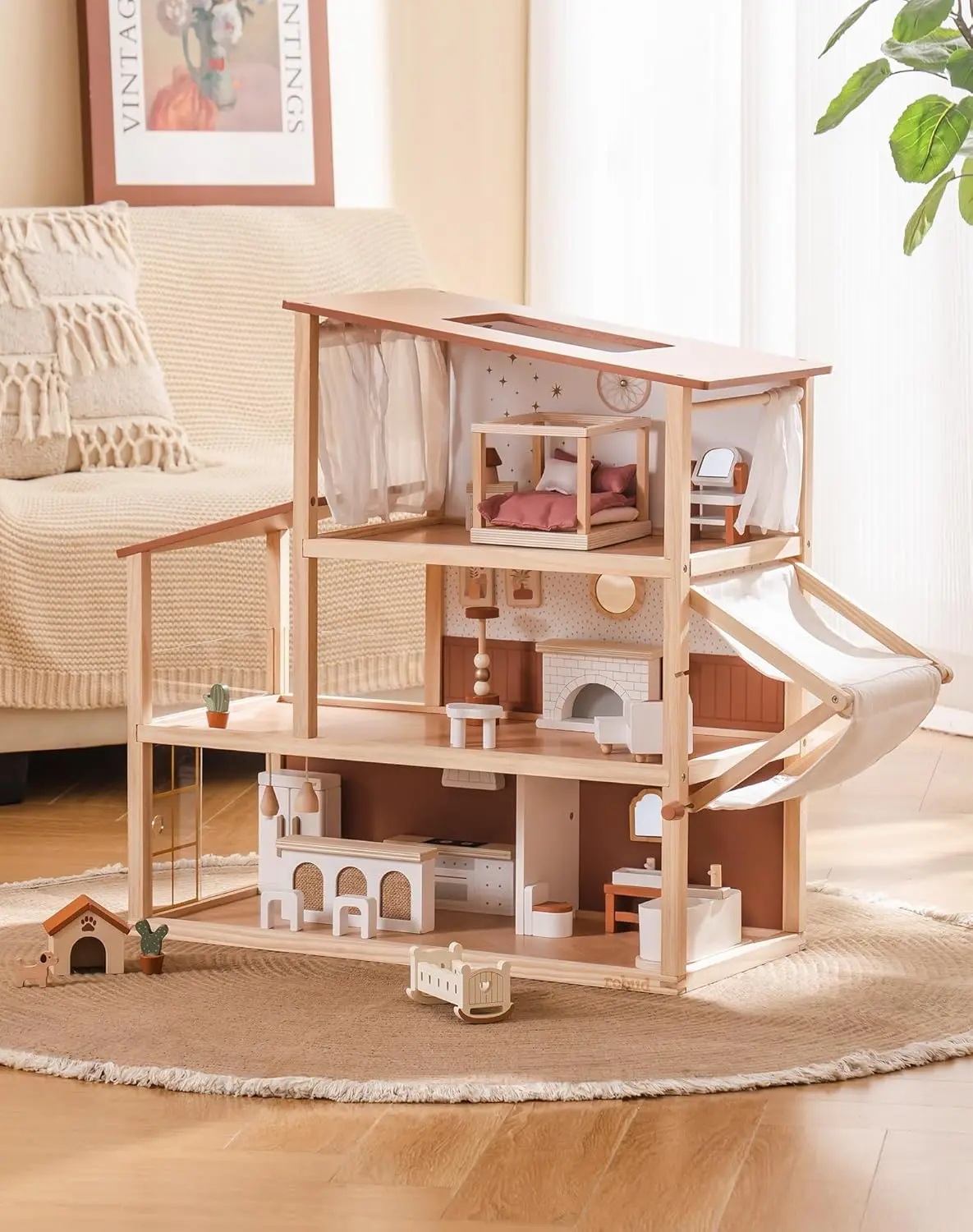 Robotime Robud Doll House Maison de poupée bohème en bois avec un design réaliste comprend 37 pièces de meubles et d'accessoires pour enfants