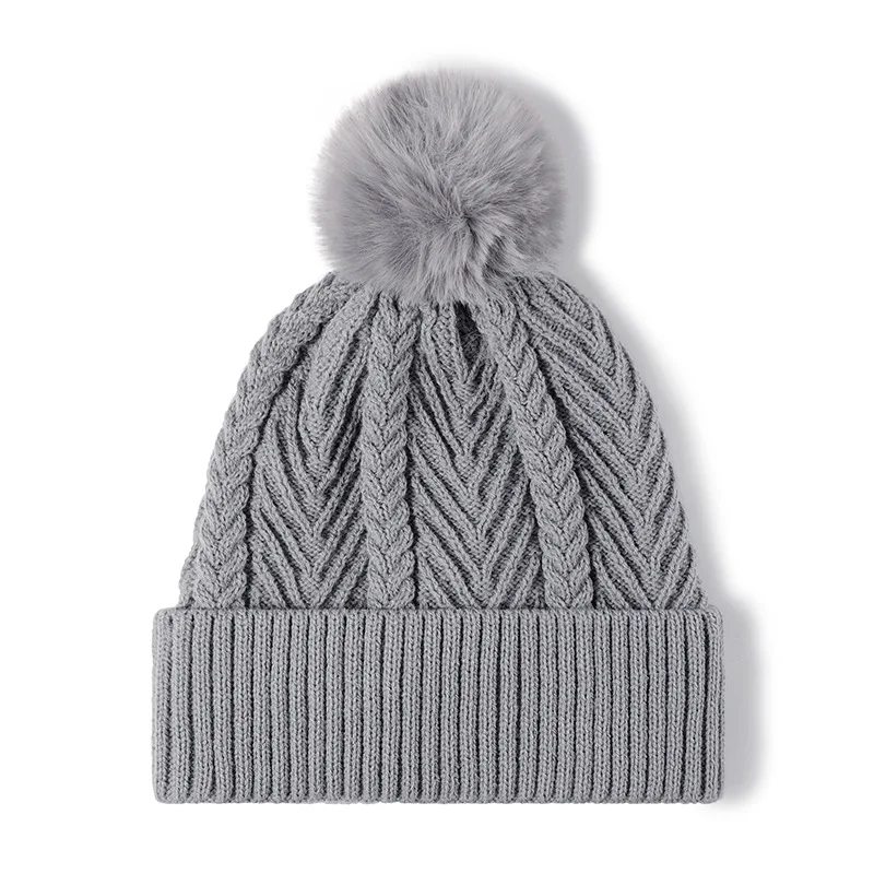 Gorro de lã jacquard espesso feminino com bola de pele, gorro simples de malha, muffs para os olhos, moda diária, venda quente outono inverno