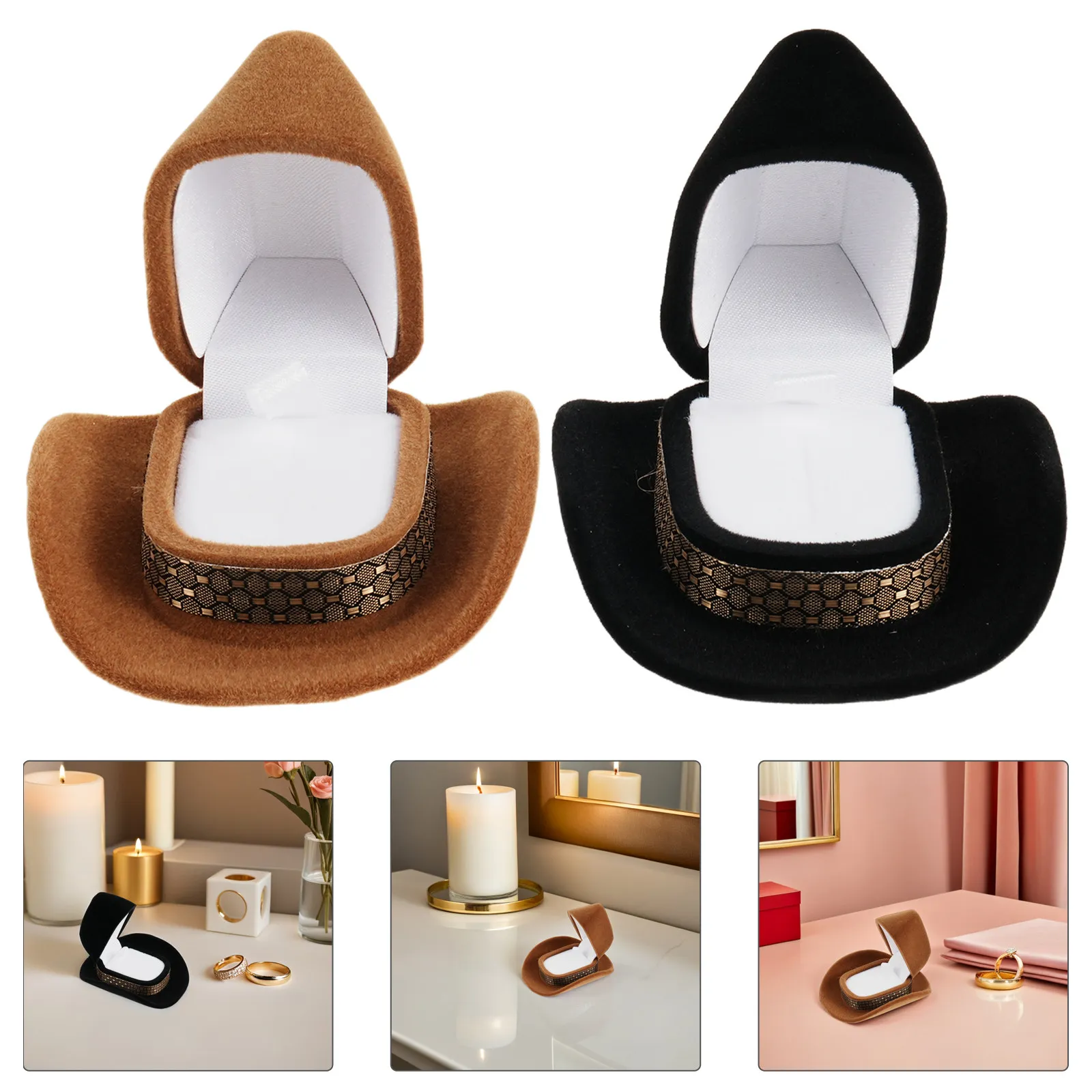 

2Pcs Cowboy Hat Jewelry Box Western Style Vintage Ring Holder with Flocked Interior for Engagement Wedding Ceremony Travel