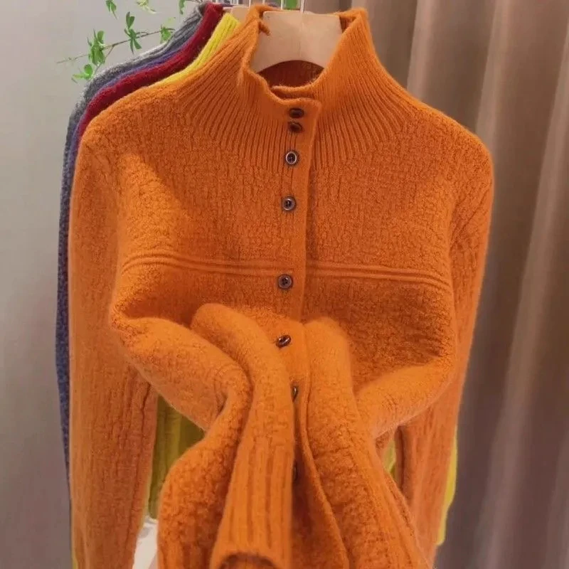 

Half-high-necked Single-breasted Sweater Women Autumn Winter High-Quality Long-sleeved Knitted Cardigan Ladies Knitwear Outerwea