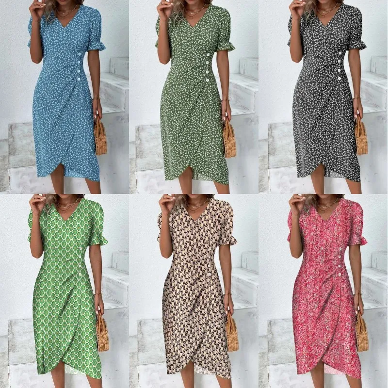 

2025 Summer Geometric Collage Bubble Sleeves Irregular Hem Dress Women's New Hot-selling Models