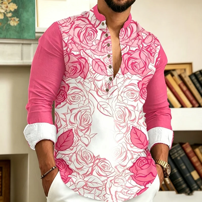 2026 new men's shirt stand up collar Henry shirt rose gradient printed casual shirt contrasting color design casual business top