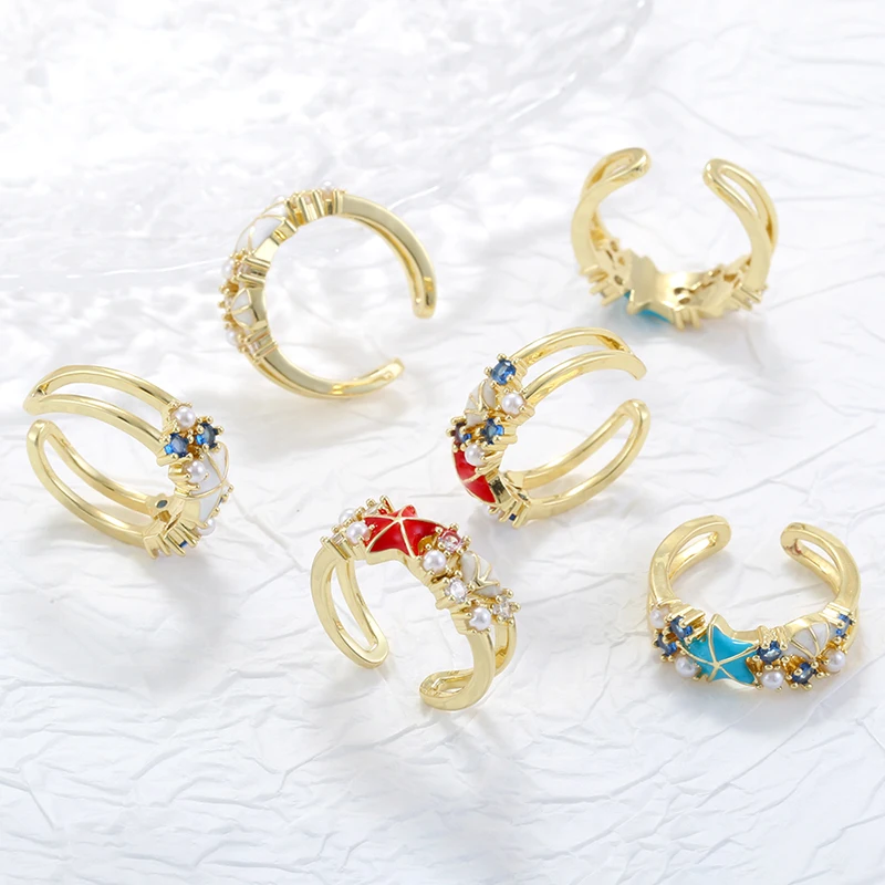 ZHUKOU Sweet and Romantic Seaside Beach Resort Style Copper Metal Starfish Shell CZ Stone Adjustable Ring:VJ898