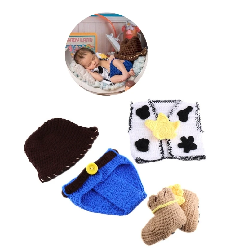 Newborn Photo Costume Knitting Cowboy Hat & Briefs Vest Bootie Photo Shooting Clothes Photo Props Crochet Cowboy Outfit