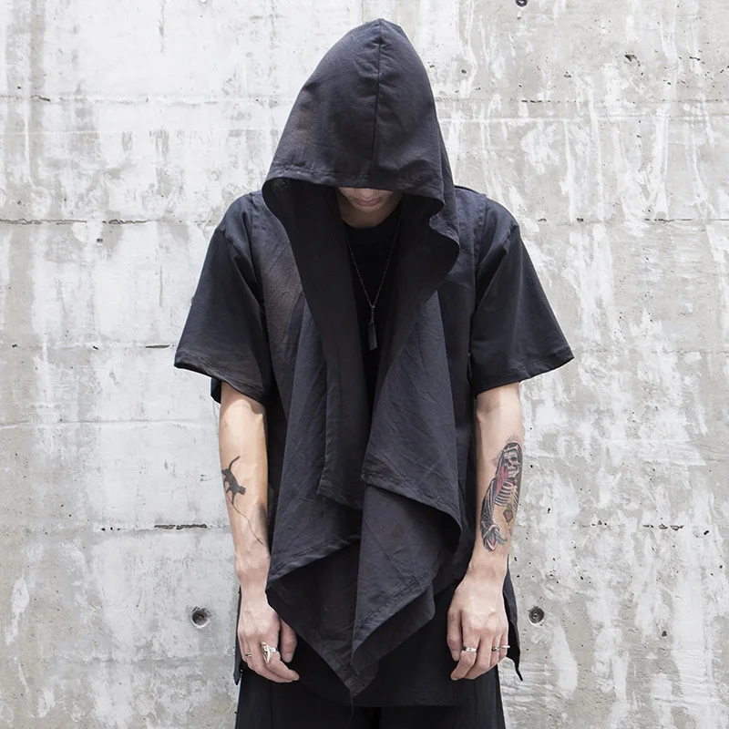 

Men's Hooded Short Sleeved Cardigan 2021 Spring Summer New Deconstruction Dark Black Cotton Linen Cut Loose Hood Vest
