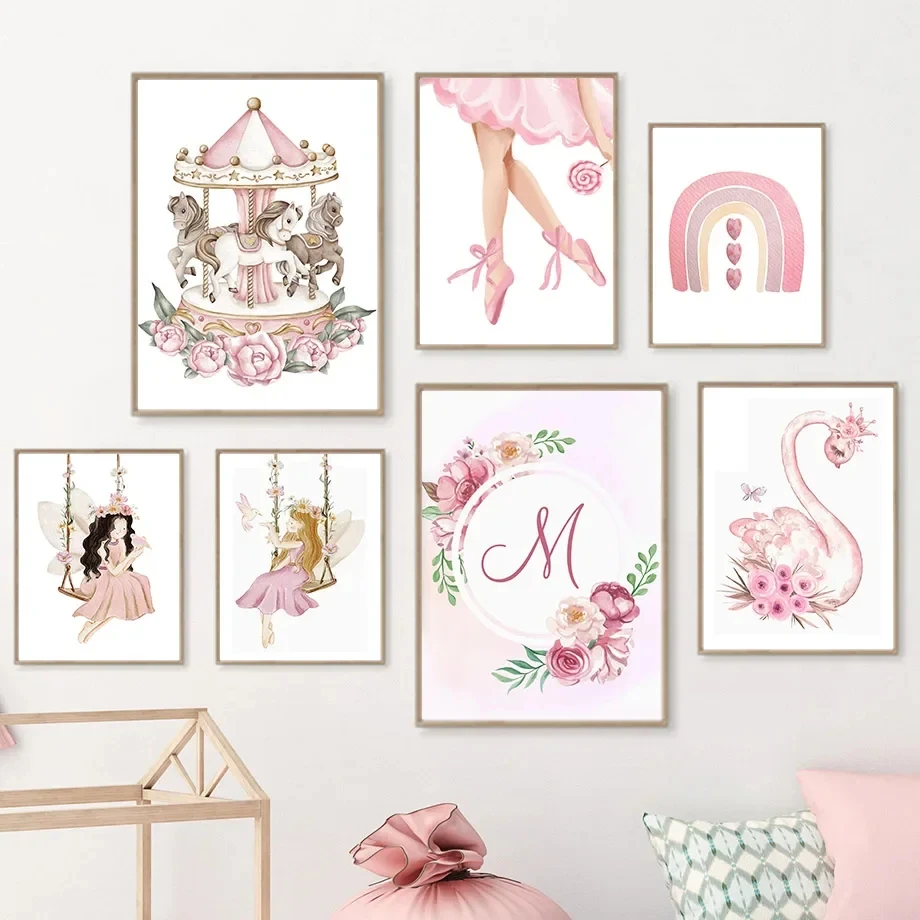 لوحة فنية على القماش ، بجعة وردية ، قوس قزح ، ملاك ، زهرة ، مخصص ، اسم طفل ، روضة أطفال ، طباعة ملصق ، غرفة فتاة ، ديكور منزلي