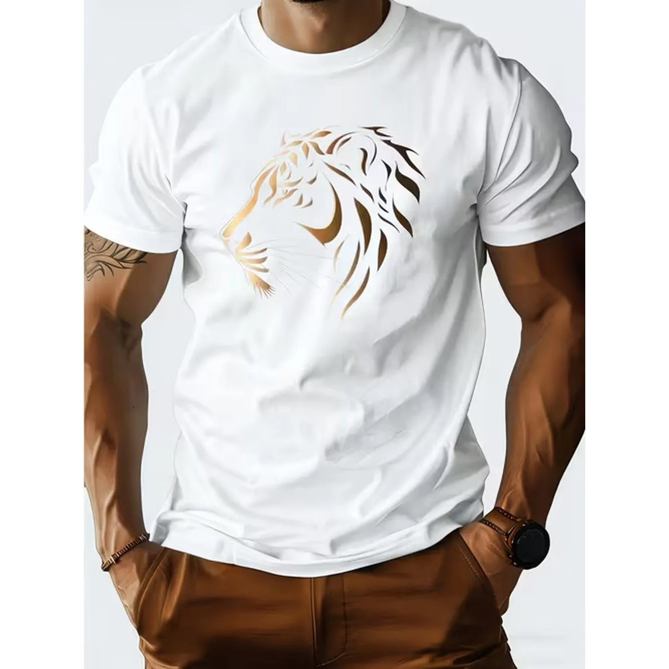 Teenagers Polyester T Shirt With Gold Embossed Tiger Print Summer Quick Dry Breathable Fit Round Neck Trendy And Unique Everyday Versatile Casual Short Sleeve Top For Teenager