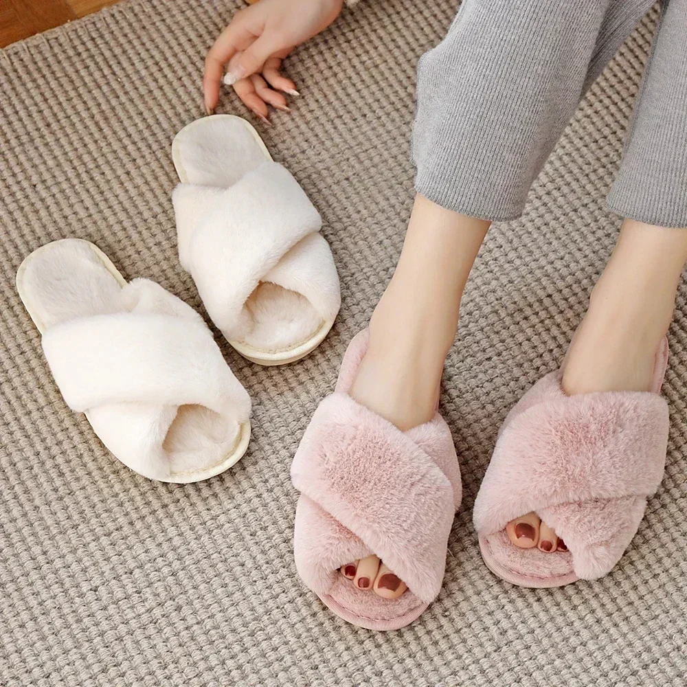 Winter Women House Slippers Faux Fur Fashion Warm Shoes Woman Slip on Flats Female Slides Black Pink Cozy Home  Furry Slippers