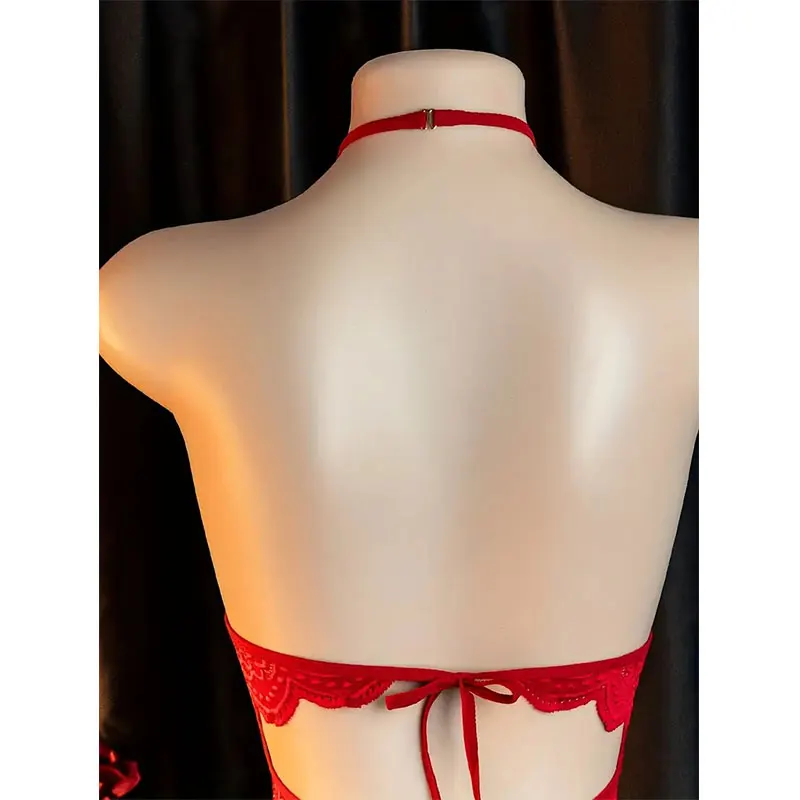 الأحمر شنقا الرقبة الملابس الداخلية الكبار المثيرة زي العميق الخامس الصدرية Crotchless ملابس داخلية حريمي الجنس ليلة مفتوحة اللباس ارتداءها مثير بذلة