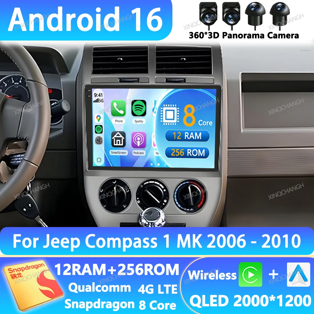Android 16 Car Radio For Dodge Caliber Jeep Compass 1 MK Patriot 2006 - 2010 Multimedia Video Player Navigation BT QLED 4G WIFI