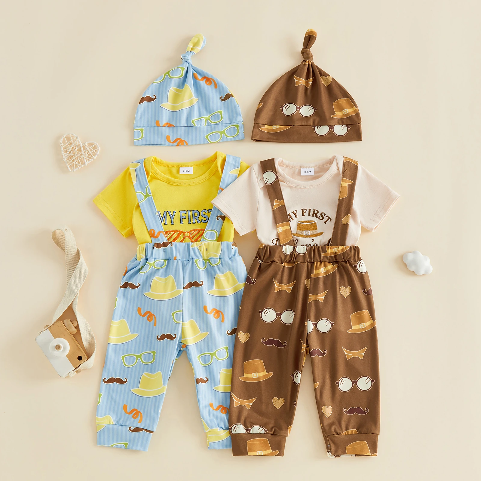 Baby Boy Father's Day Outfit Letter Embroidery Short Sleeves Romper and Western Print Overalls Beanie Hat Set