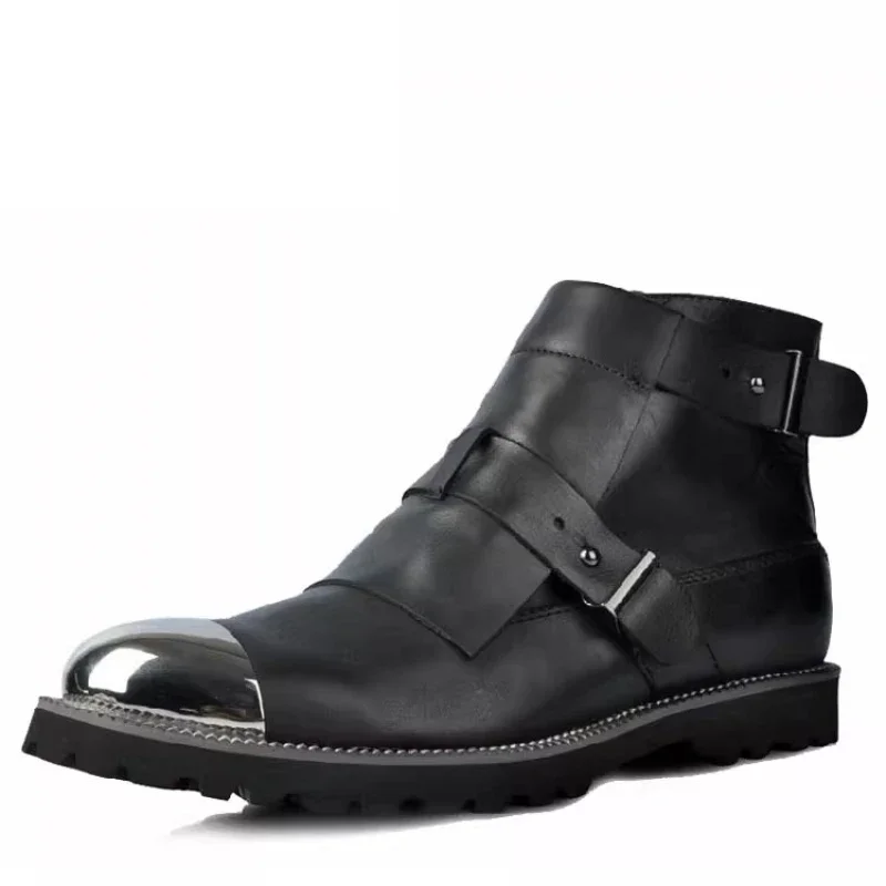 Metal Toe Men Punk Boots Genuine Leather Man Leather Boot Buckle Mens Work Shoes