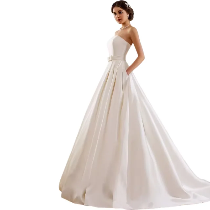 Một Dòng Áo Khoác 2022 Vintage Túi Nơ Trung Quốc Vestidos De Novia Hở Lưng Plus Kích Thước Nút Cô Dâu Cô Dâu Đồ Bầu