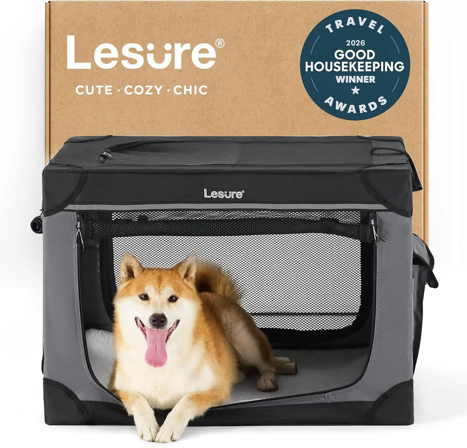 

Soft Collapsible Dog Crate - 30 Inch Portable Travel Kennel for Medium Dogs, Foldable with Mesh Windows, Black