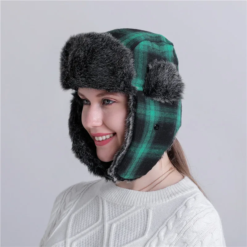 Winter Plaid Outdoor Thickened Lei Feng Cap Fashion Ski Cap Warm Ear Protection Hat Riding Mountaineering Cotton Cap