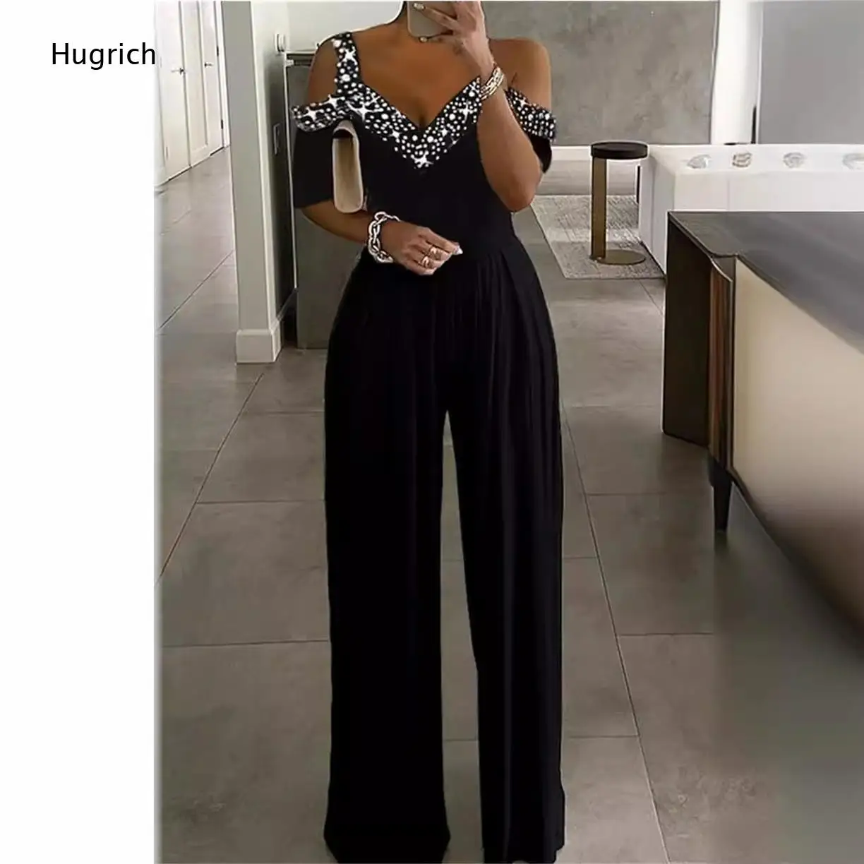 Wine Red Cold Shoulder Short Sleeve Jumpsuit Sparkly Rhinestone V Neck Pleated Palazzo Romper
