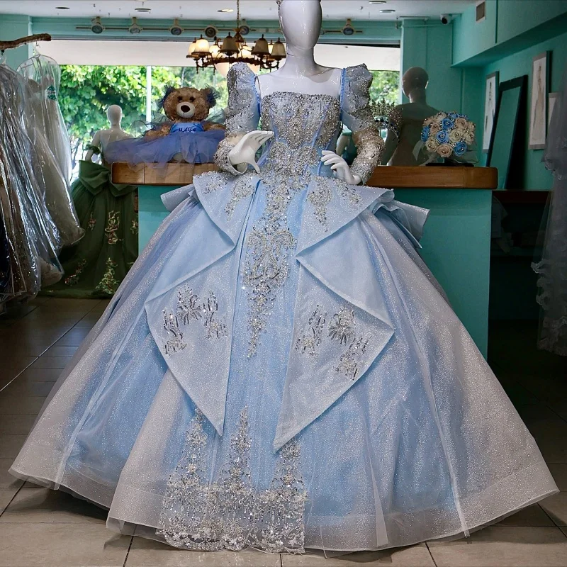 Sky Blue Shiny Quinceanera Dresses Ball Gown Off The Shoulder Sequin Applique Lace Beading Crystal Tull Party Birthday Sweet 16